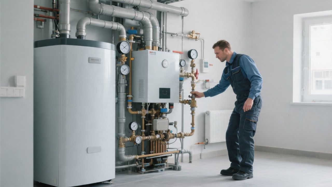 Technician checking the controls of a wall-mounted boiler system