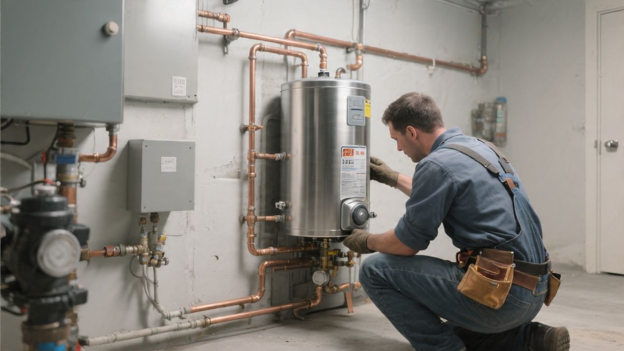 Technician working on a water heater and its copper piping